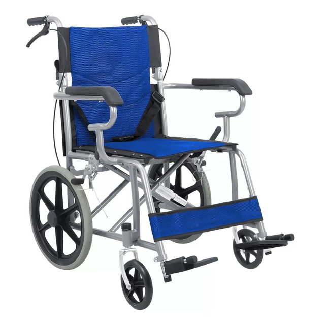 Silla de Ruedas de Traslado Ligera Plegable con Freno 4x4 azul
