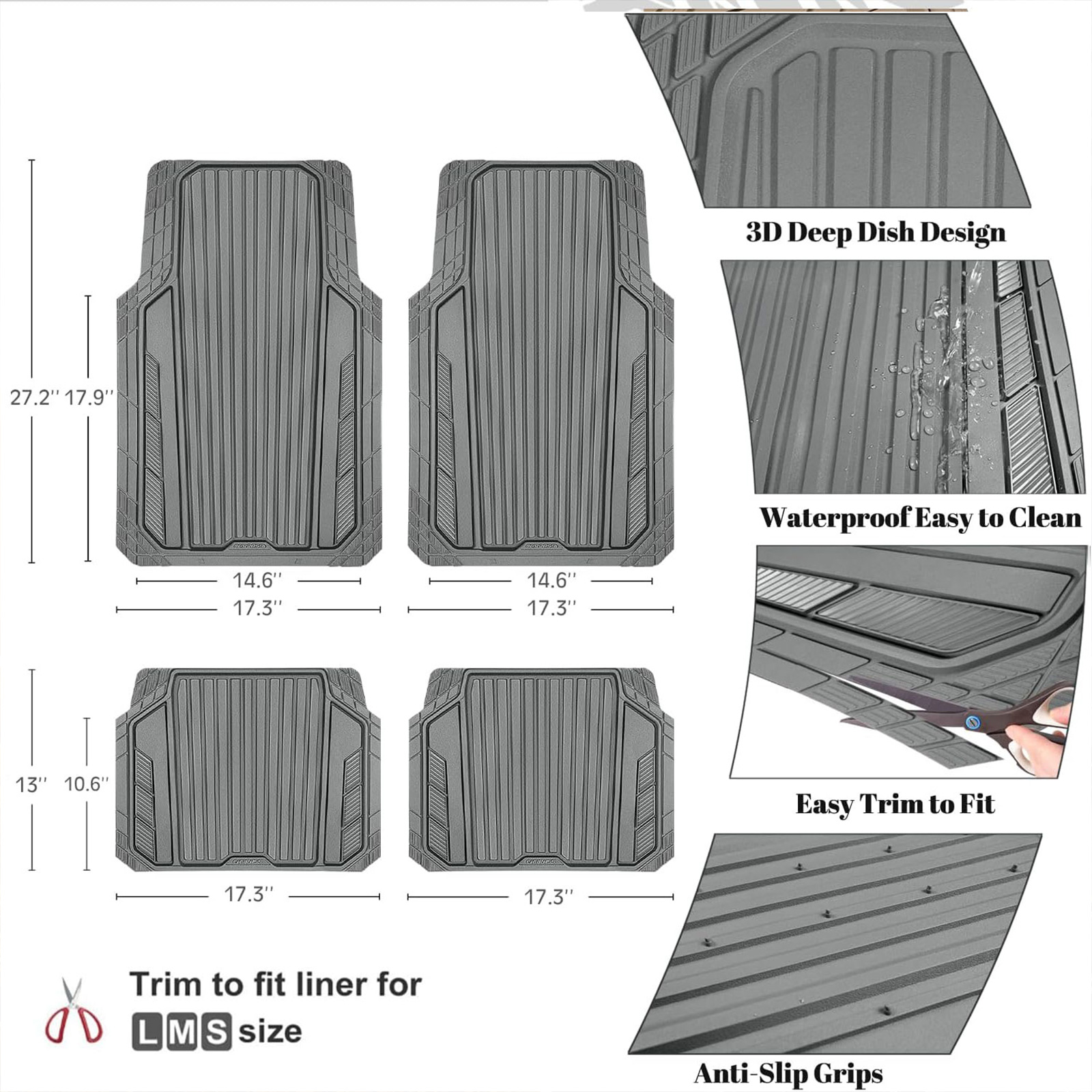 CAR GRAND Heavy Rubber Car Floor Mats, Deep Waterproof Car Mats All Weather, Universal Trim-to Fit Automotive Floor Mats for Car SUV Truck Van, Durable Floor Liners waterproof anti-slip all gray
