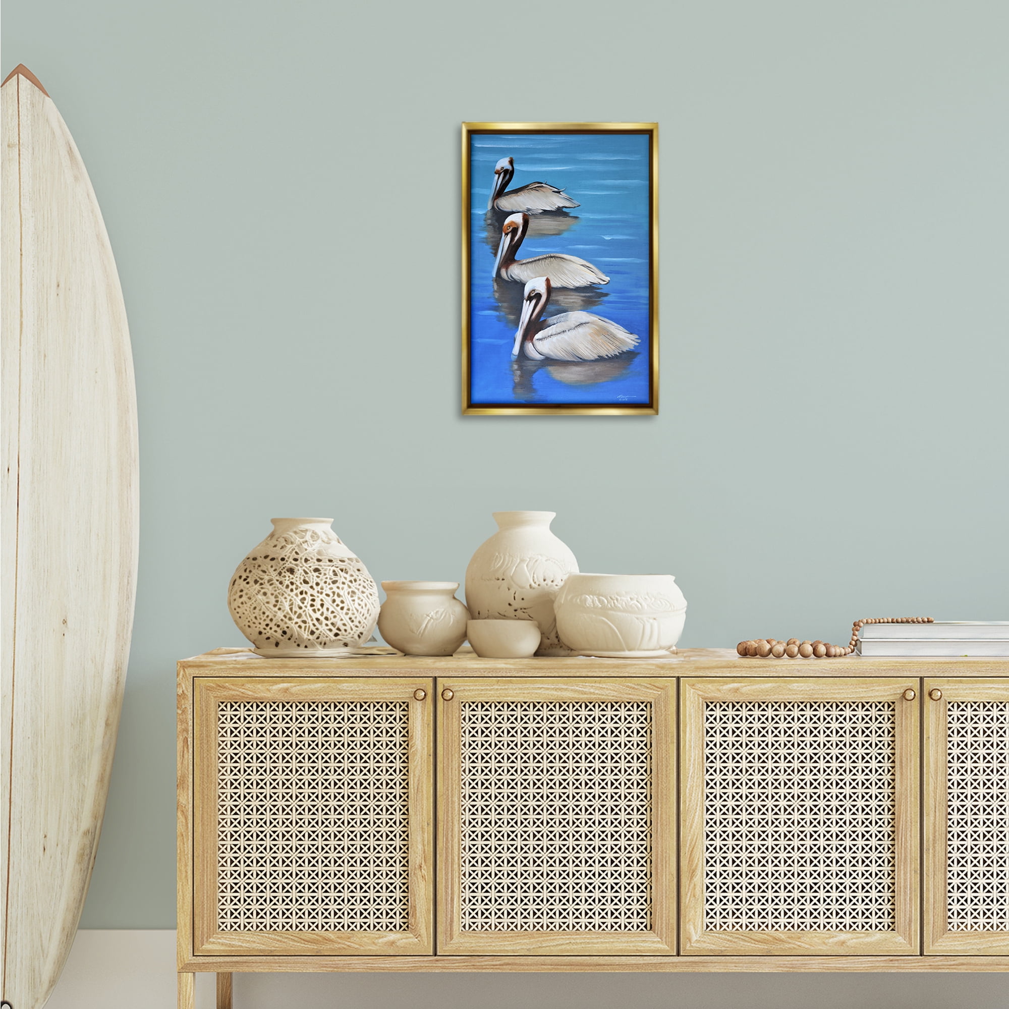 Stupell Industries Pelican Trio Drifting Animals & Insects Painting Gold Floater Framed Canvas Art Print Wall Art, 17 x 25