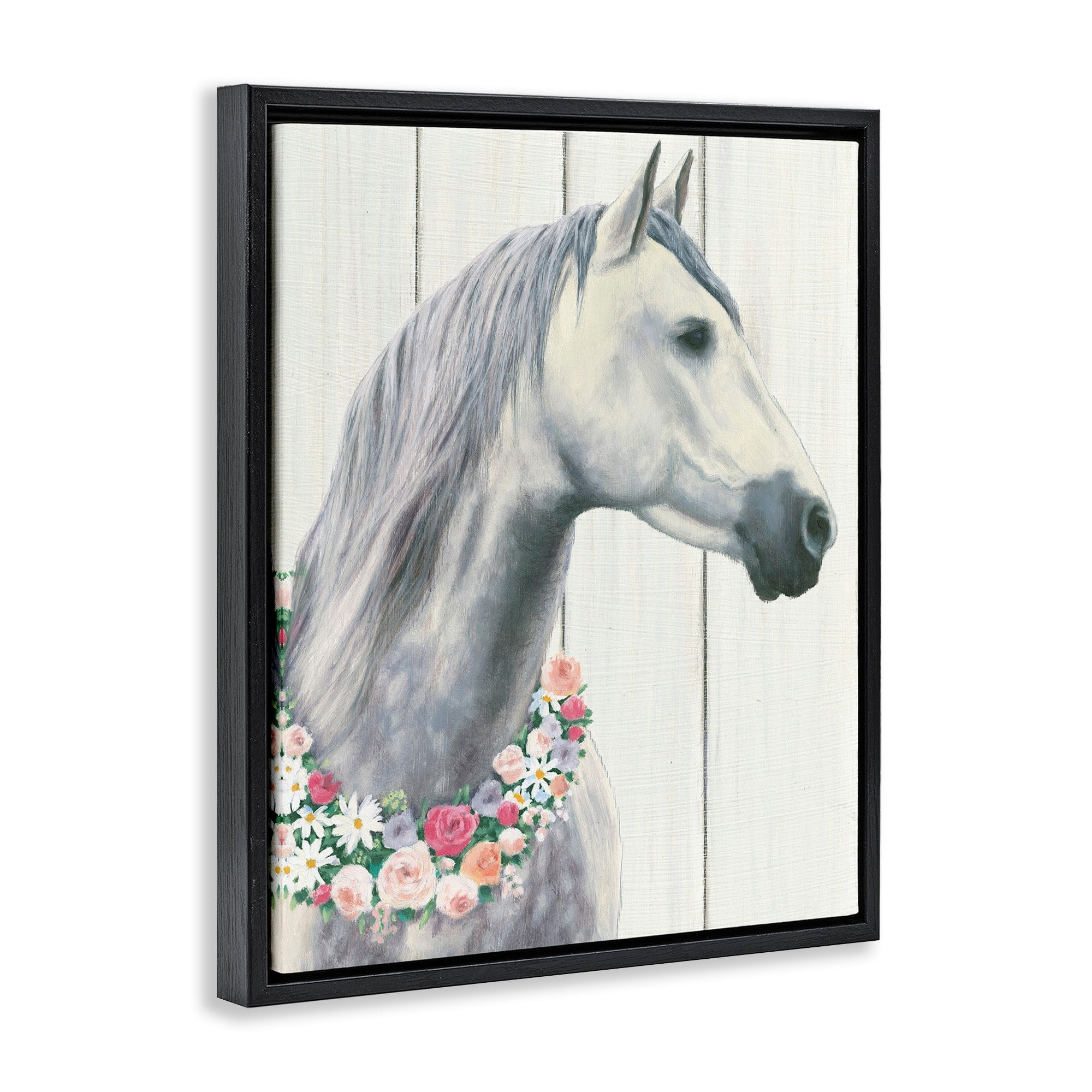Stupell Industries Spirit Stallion Horse With Flower Wreath Jet Black Framed Floating Canvas Wall Art, 16x20, by James Wiens