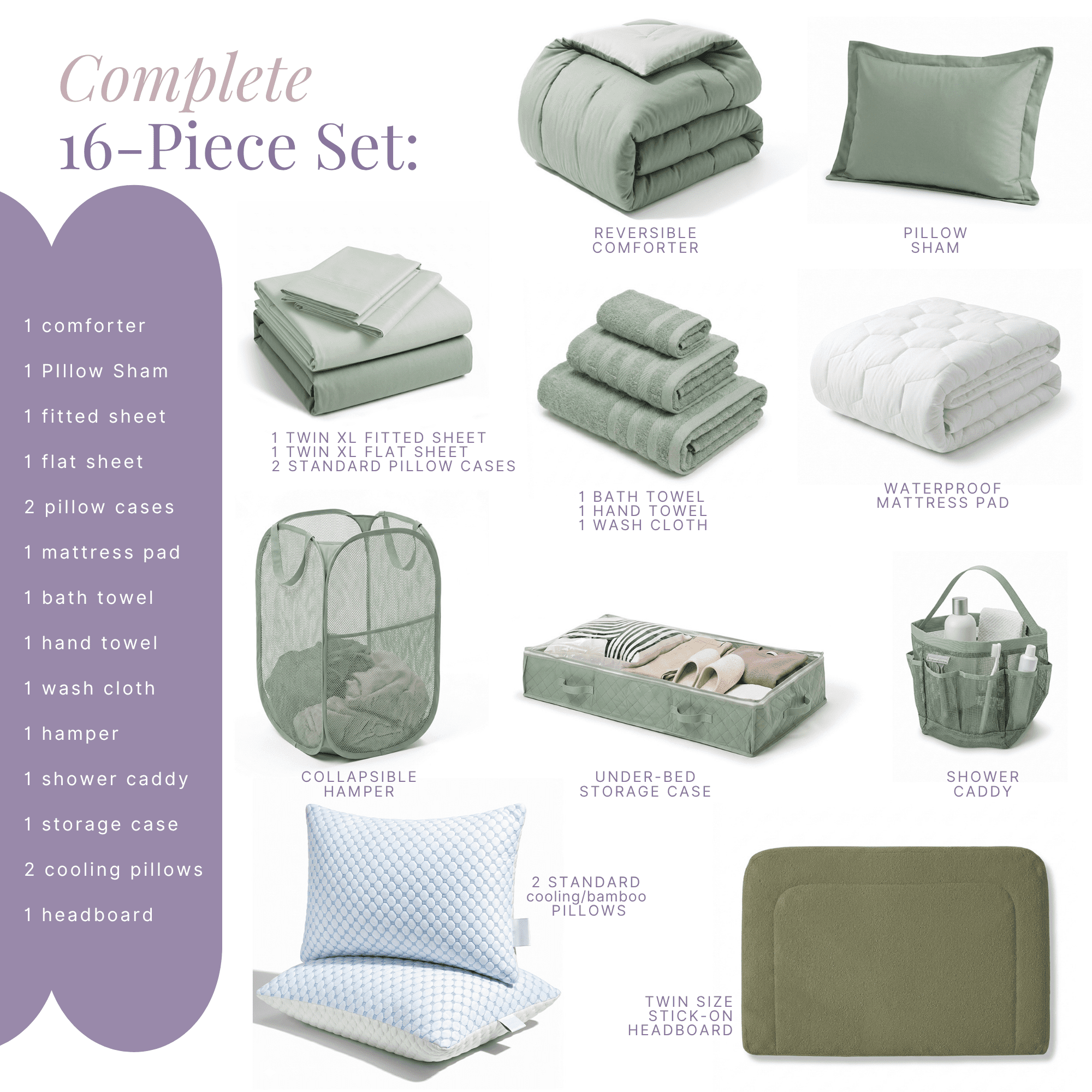 LammaLoe 16 Piece Complete Dorm Room Set, Twin XL Comforter Set, Includes Sheet Set, Mattress Protector, Pillows, Headboard, Towels & Organizers - All Dorm Accessories Included, Sage