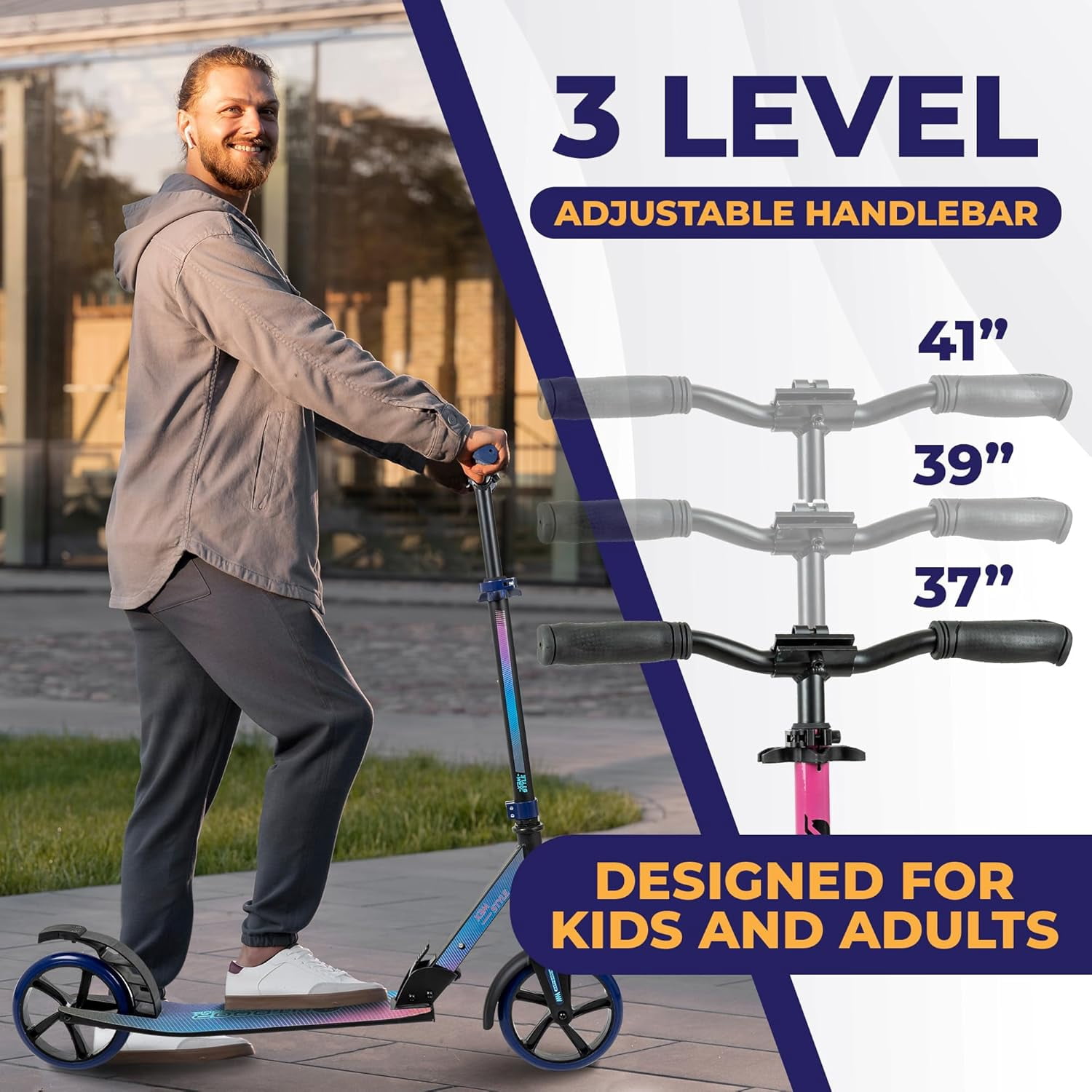 Outdoor Cruiser Kick Scooter for Ages 6+, for Kids, Teens, and Adults, Max Load 250 LBS, Foldable, 8-inch Wheels for Kids and Adults, Dual Suspension, 3 Adjustable Levels, Child Safety Approved, Pink