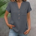 thumbnail image 2 of Hecho para Más Camisa Mujeres Cuello en V Suelto Ajuste Botón Sólido Abajo Blusas Manga Larga Casual Tops de Verano, 2 of 9