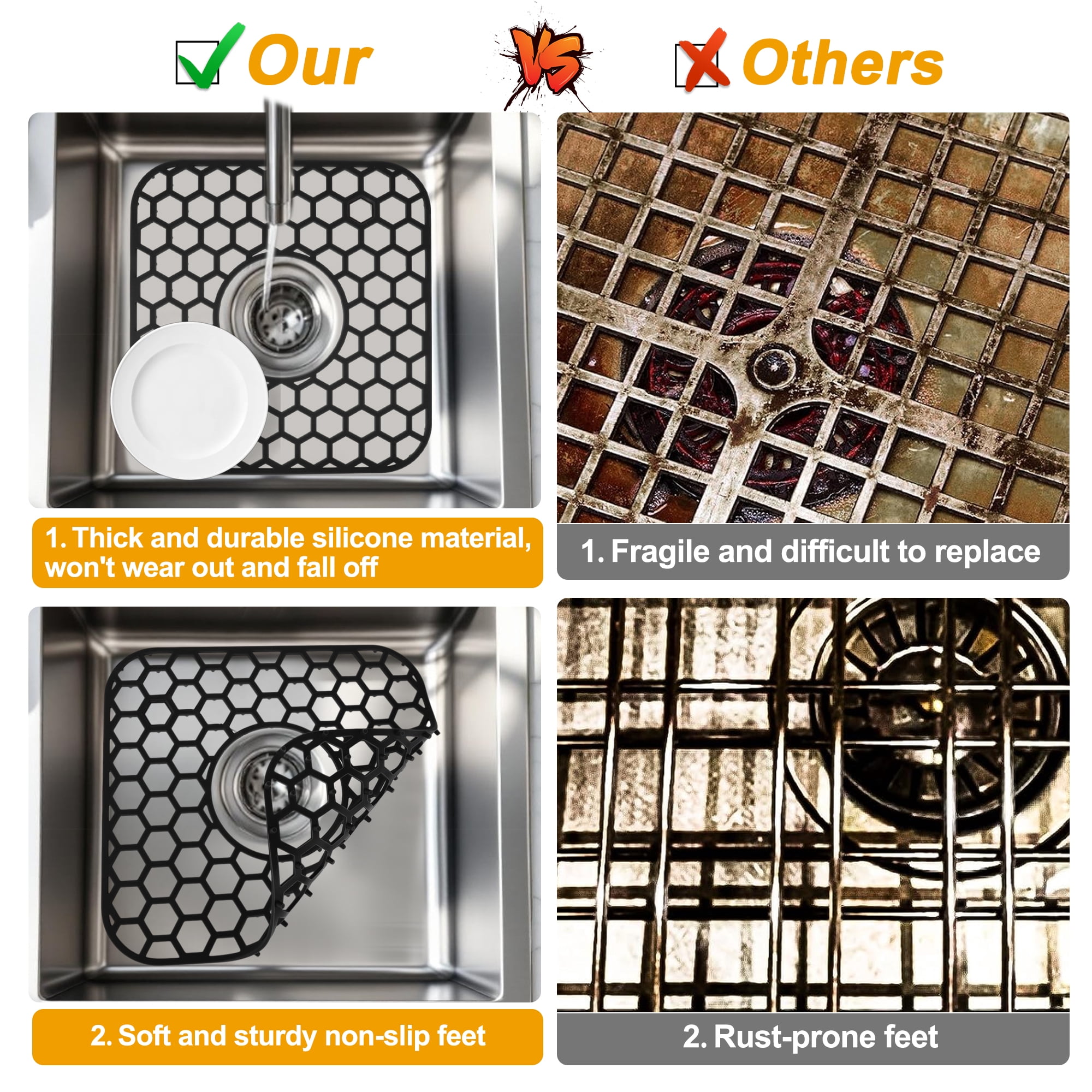 Unique Bargains 2pcs Sink Protectors for Kitchen Sink 12.4"x 11.5" Non-Slip Sink Mats Heat-Resistant to 500°F Sink Grid for Stainless Steel Sinks Dishwasher Safe Black