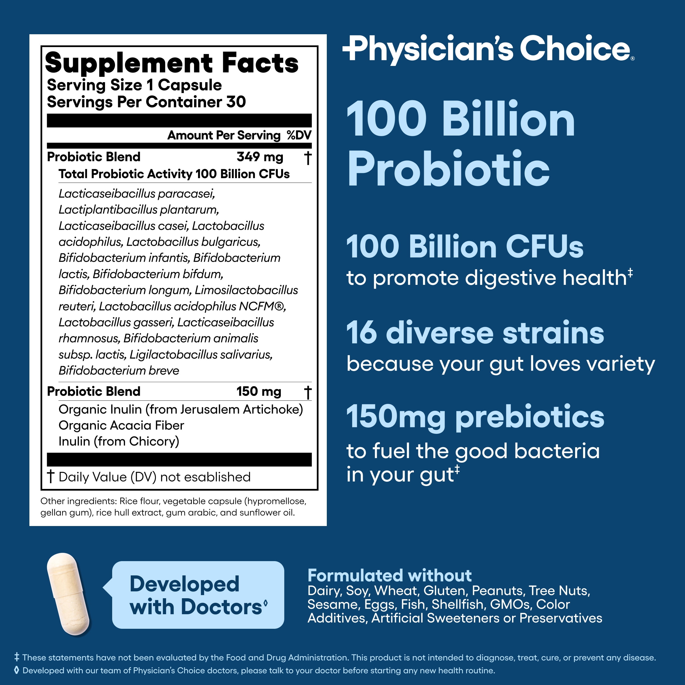 Physician's Choice 100 Billion Advanced Probiotic Supports Occasional Constipation, Diarrhea, Gas & Bloating - Probiotics for Women & Men, 30ct