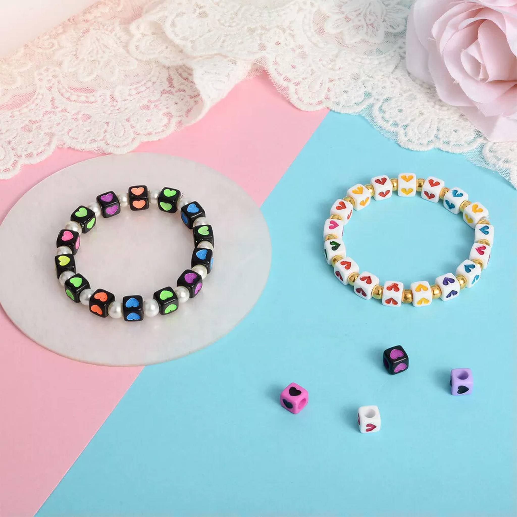 EOEMY 450Pc 7mm Cube With Heart Opaque Acrylic Large Hole Beads Pony Loose Spacer Bead