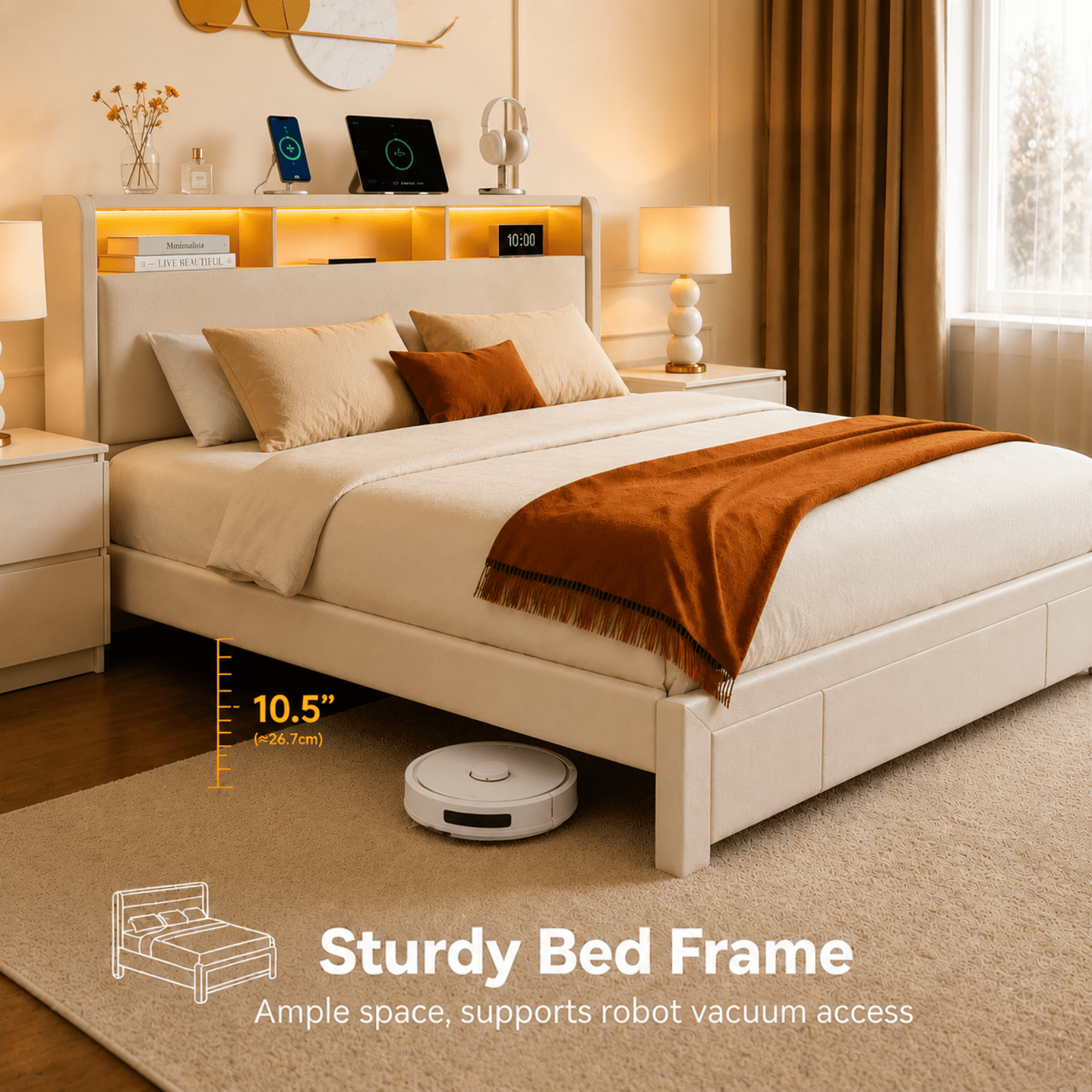 Leumius Queen Size Bed Frame,Upholstered Platform Bed Frame with LED & Charging Station,Drawers and Storage Headboard,Noise-Free, No Box Spring Needed,Beige(Queen)