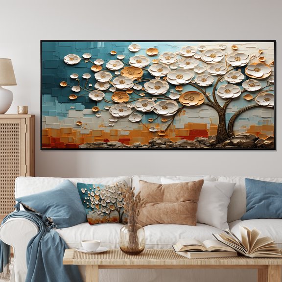 Designart "Garden Harmony White and Yellow Flowers" Extra Large Floral Framed Wall Art - Traditional White Flowers Hallway Framed Wall Art Decor