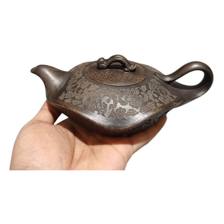 Chinese Yixing Zisha Clay Teapot Oriental Lovely Lotus Engraved Carved Floral Low Profile Shallow Bodied Flat Shaped Flattened