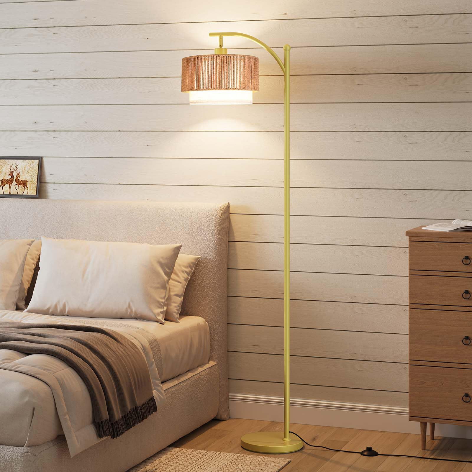 Floor Lamps For Living Room With 12w Led Bulb  Arc Lamp 3 Color Temperatures Farmhouse Adjustable Rattan & Fabric Shades Boho Standing Bedroom Corner