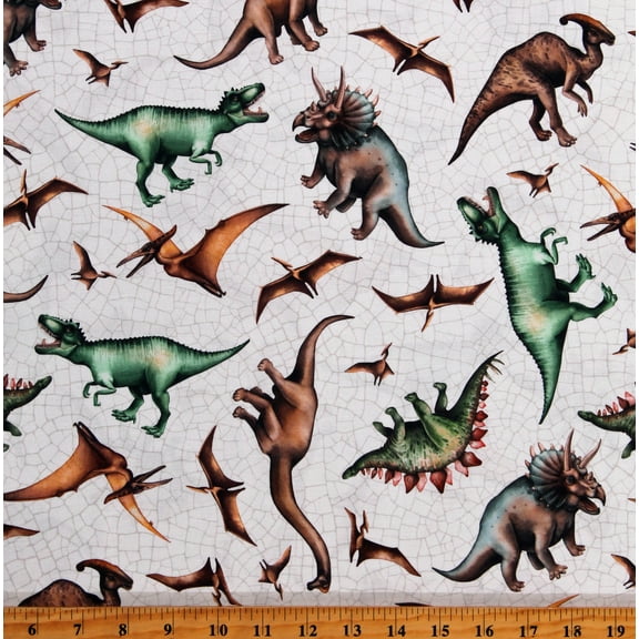 Cotton Dinosaurs Jurassic Prehistoric Animals Paleo Tales Kids White Cotton Fabric Print by the Yard (DP26783-10)