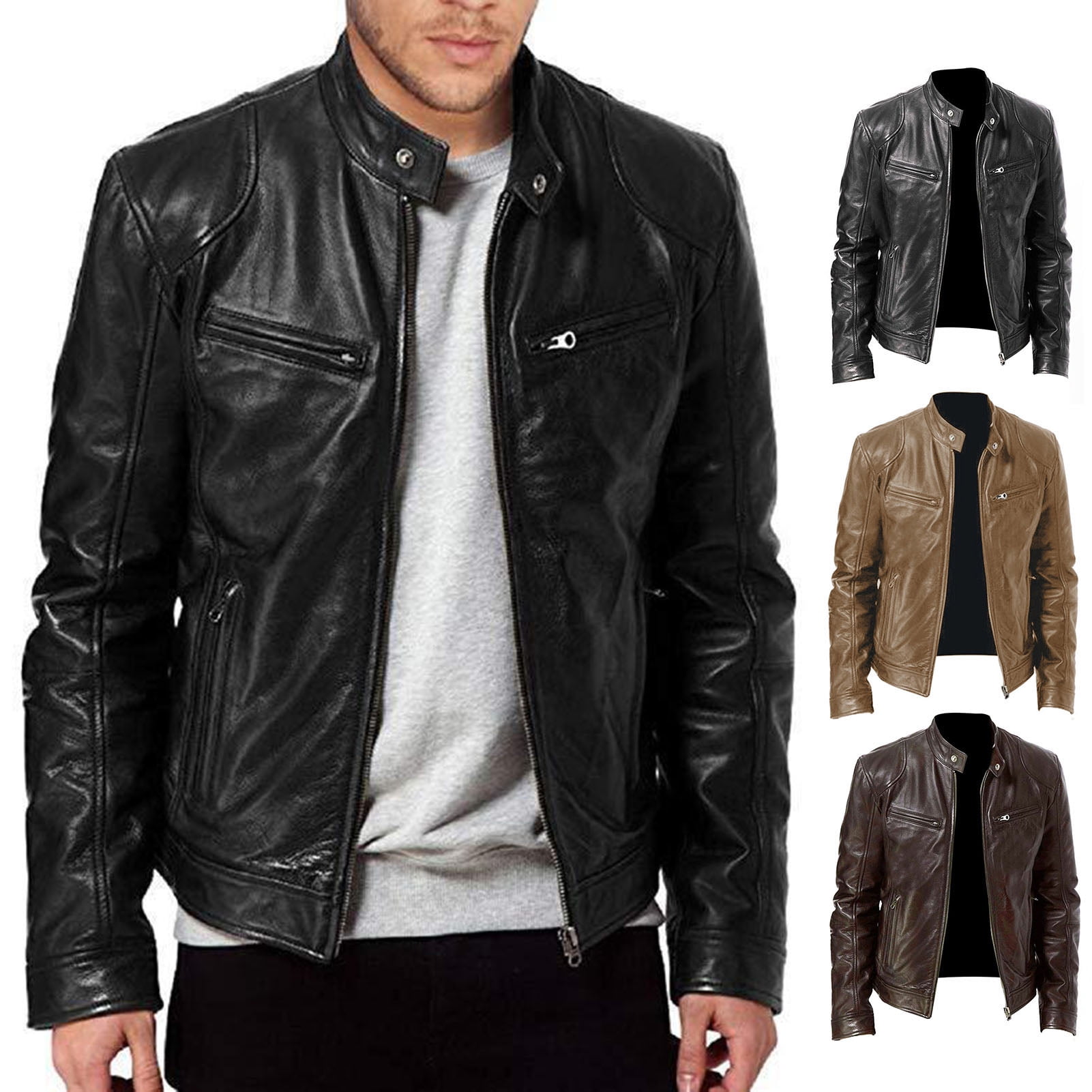 Sarkoyar Solid Color Zipper Closure Men Jacket Faux Leather