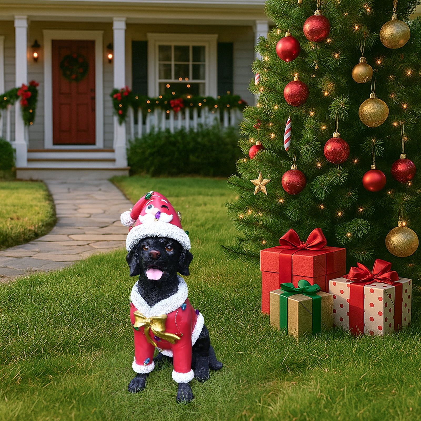 Black Labrador Red Santa Outfit Christmas Dog Statue with Santa Hat Holiday Tabletop Decor