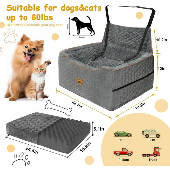 Dog Car Seat for Medium/Large Dog Booster Seat Under 60 lbs or 2 Small Dogs, Multi-Functional Pet Car Seat with Thick Cushion, 2 Safety Leashes (Gray)