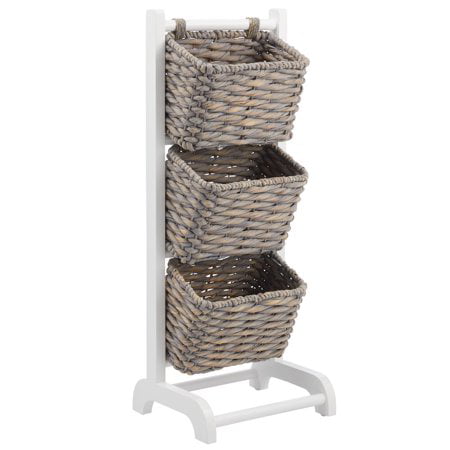 Black/Wood 2022 3 Tier Vertical Standing Storage Basket Stand Decorative Wood Storage Organizer Tower Rack with 3 Basket Bins