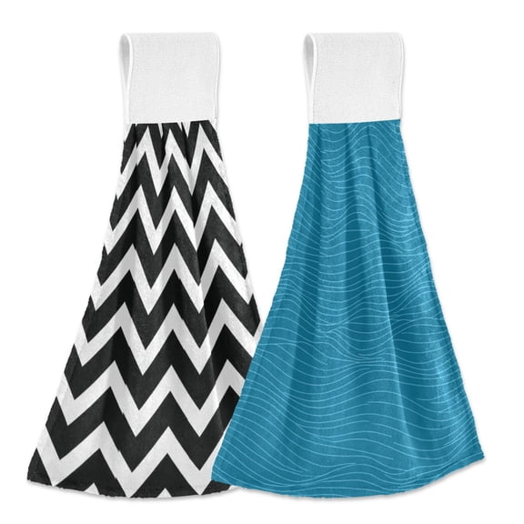 IAUYY Kitchen Hanging Towels Set of 2 100% Polyester Absorbent, Super Soft Hand Towels with Hanging Loops for Bathroom Kitchen Black and White Stripes Beach Theme