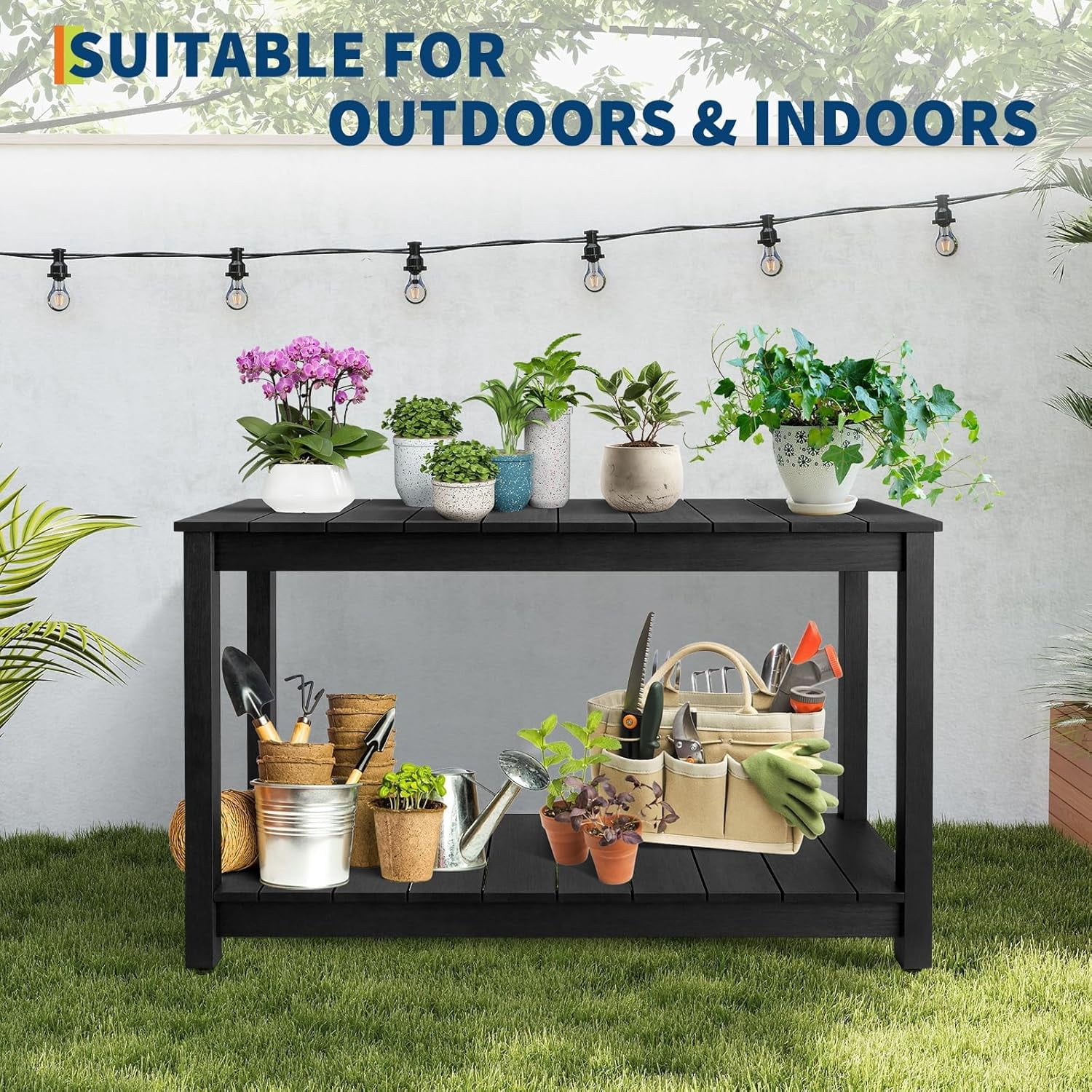 Senfot 48 Inch 2-Shelf Console Table, Indoor Outdoor Wooden Storage Entryway Side Table Black