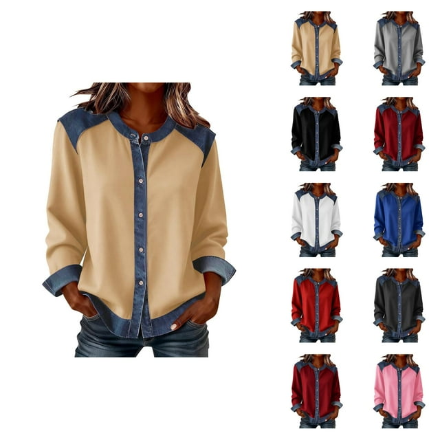 Chemises à Manches Longues pour Femmes Printemps 2026 Mode Col Rond Boutonné Patchwork en Denim Chemise Décontractée Blouse Haut