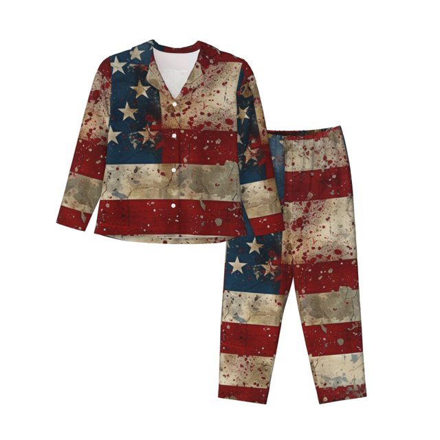 Fotbe American Flag1 Conjunto de Pijama de Manga Larga para Mujer con Estampado, Ropa de Dormir de 2 Piezas, Conjunto de Casa Suave y Cómodo con Bolsillos-X-Large