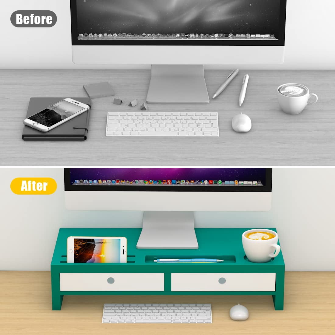 Bambloom Monitor Stand Riser Desk Organizer with Drawers Green 22"x10.6"x4.7"