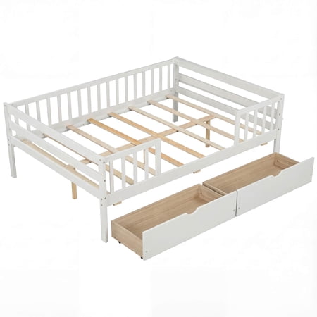 Costway Full Size Daybed with Fence and 2 Drawers Railings & Slats Support Bed Frame White