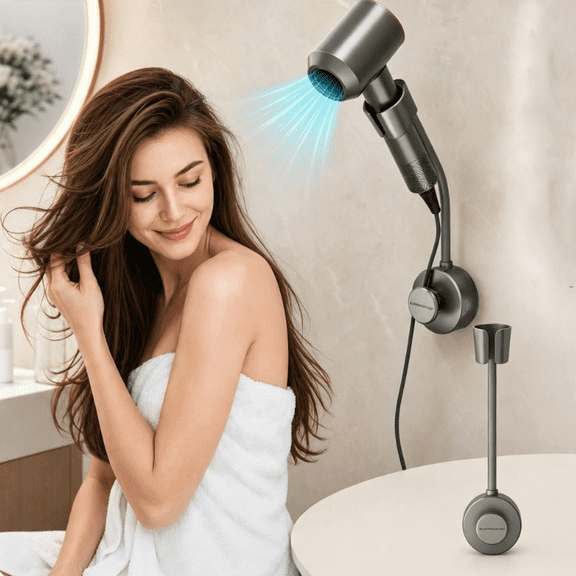 Hands-Free Hair Dryer Holder 12.2 Inch Wall Mount with Vacuum Suction for Bathroom Vanity,Grey