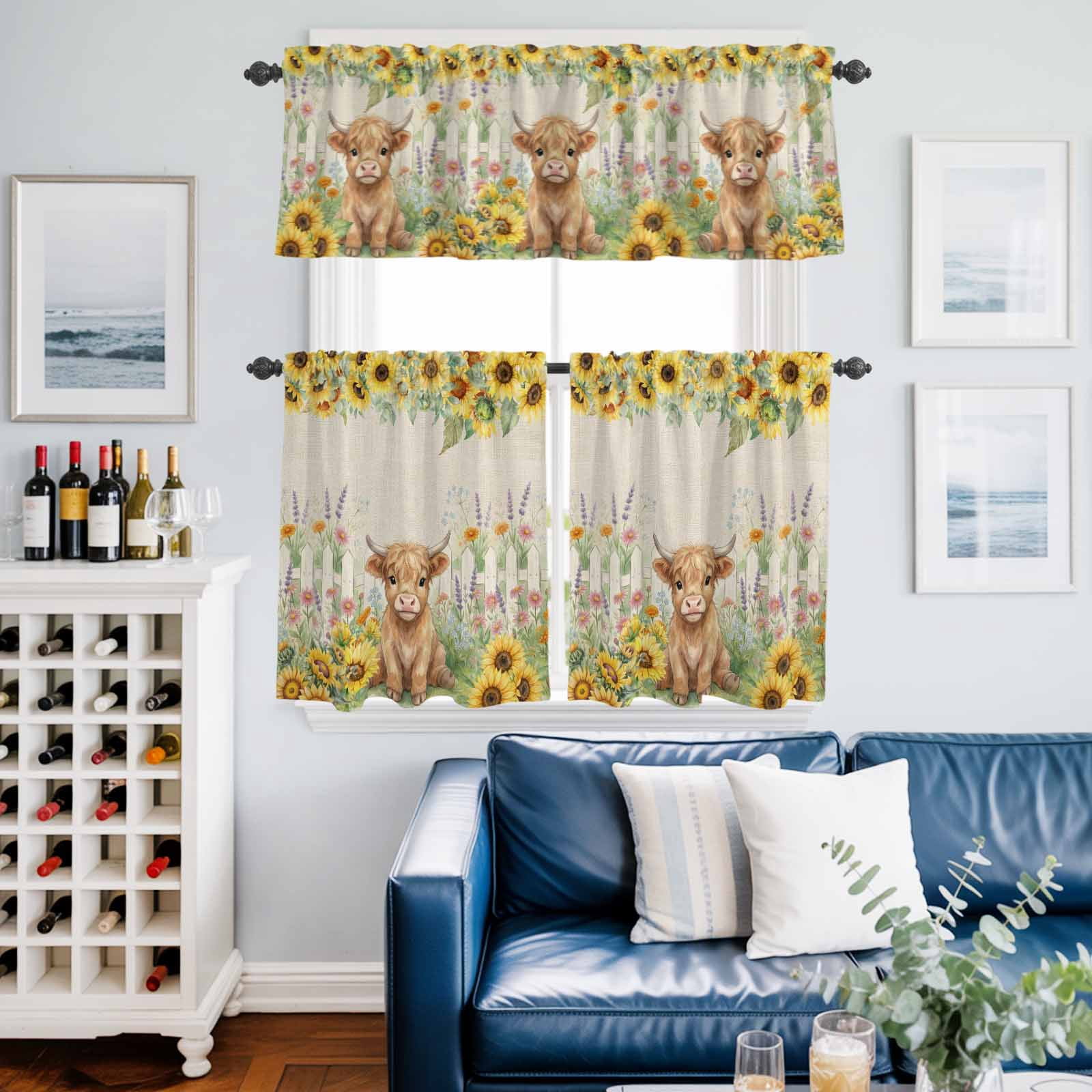 Farm Highland Cattle Kitchen Curtains Valance and Tier Set Farmhouse Sunflower Cow Fence Linen Texture Rod Pocket Short Curtains for Small Window 3 Pieces Set for Bedroom Cafe (54" x 18"+27" x 24")