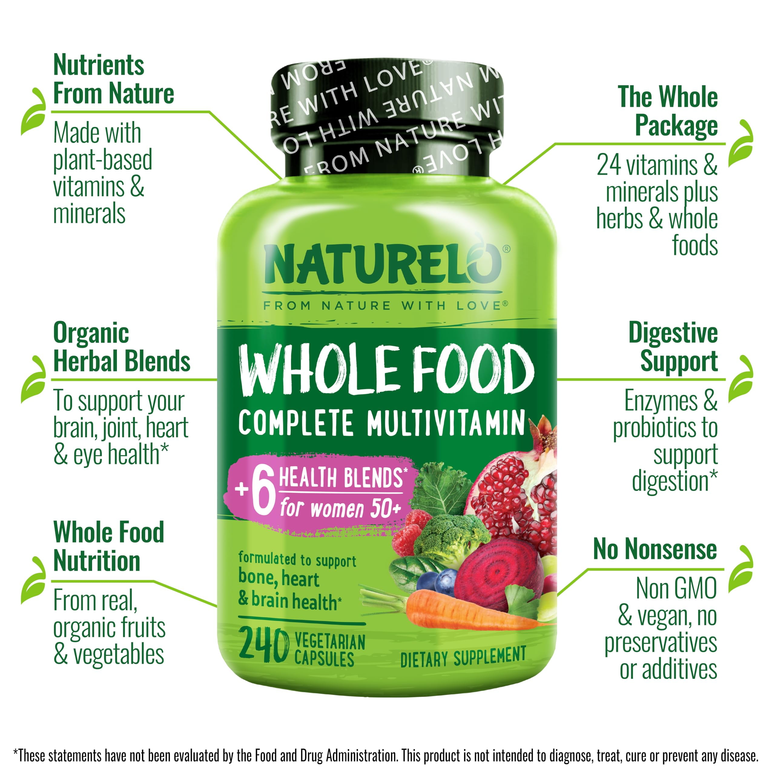 NATURELO Whole Food Multivitamin for Women 50+ (Iron Free) with Vitamins, Minerals, & Organic Extracts - Supplement for Post Menopausal Women Over 50 - No GMO - 240 Vegan Capsules
