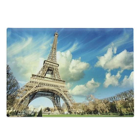 Paris Cutting Board, Famous Eiffel Tower France and Cloudy Autumn Sky Bare Branched Trees Fall Season, Decorative Tempered Glass Cutting and Serving Board, in 3 Sizes, by Ambesonne