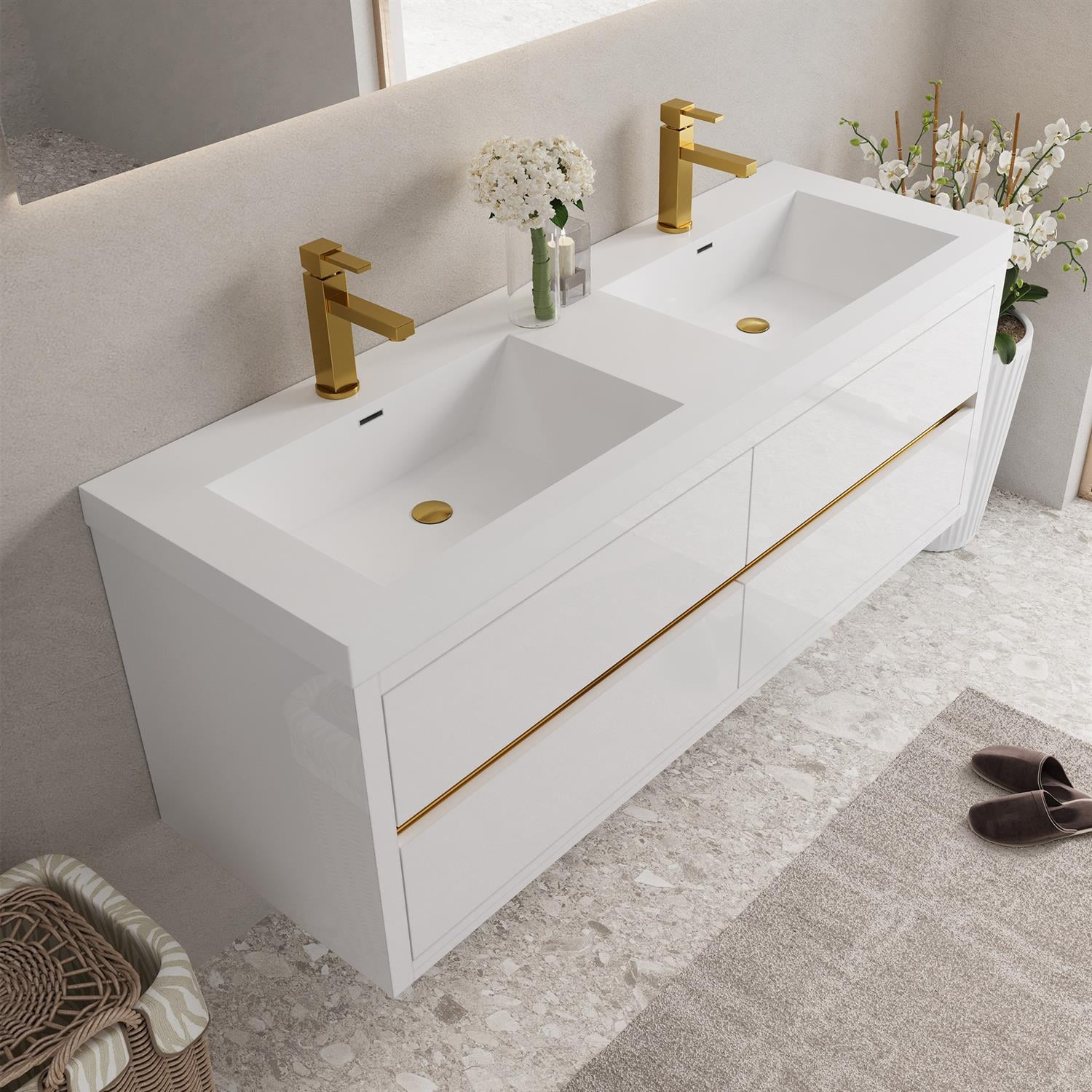 Demi Bonn 59" Wall-Mounted Bathroom Vanity with Sink, Stone Resin Countertop and 4 Soft Close Drawers, Faucets and Drains Not Included, White
