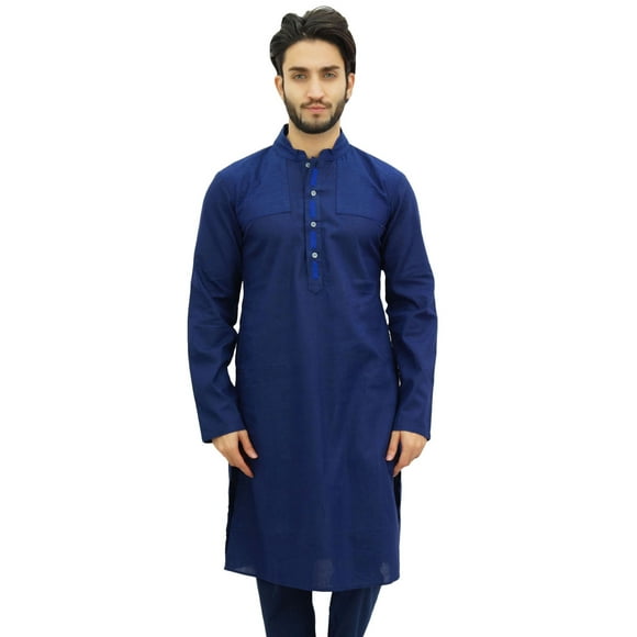 Atasi Men's Casual Linen Long Kurta Blue Ethnic Designer Shirt Wear-Medium