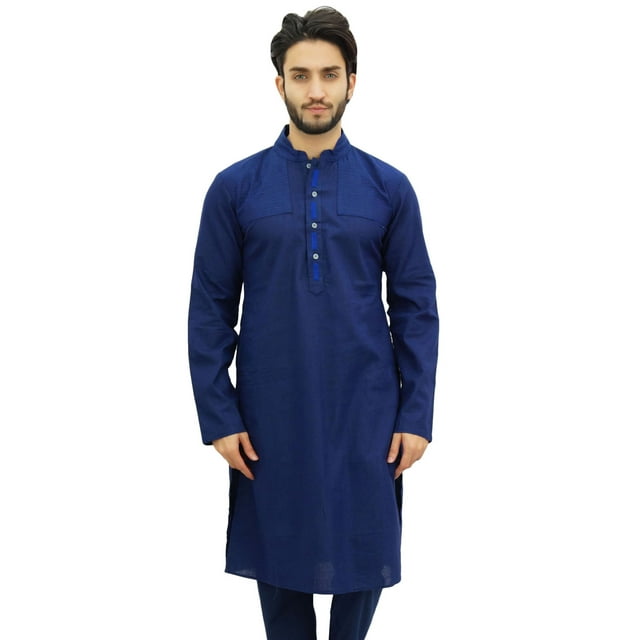 Atasi Kurta Long Décontracté en Lin pour Homme Bleu Chemise Ethnique de Designer - Petit