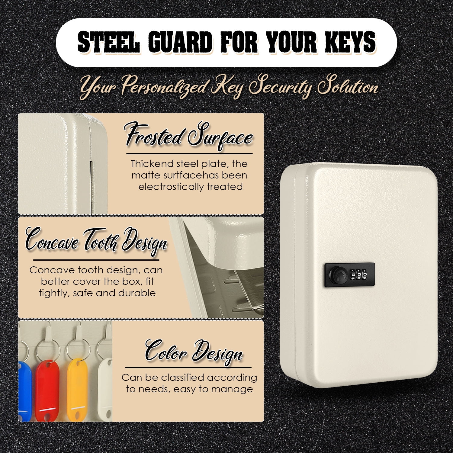Key Cabinet Lock Box - White Key Storage Box Wall Mount with Combination Lock, Secured Key Organizer Box with 48 Colored Key Holder for Homes, Office, Apartments, Hotels, Business