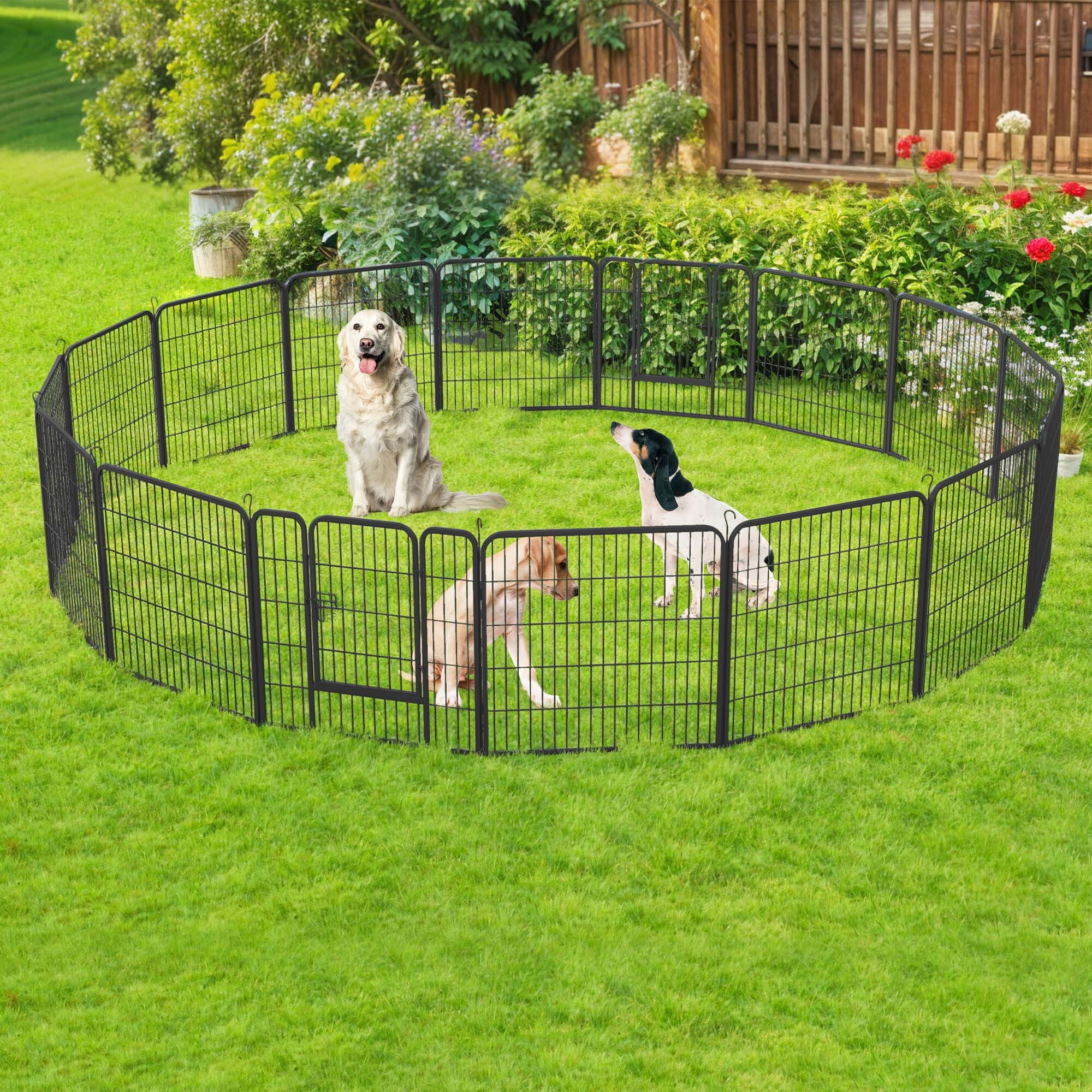 Uforic 32" Tall Metal Garden Fence Panels with Gate & Lock, 16 Pcs Decorative Pet Dog Fence, Animal Barrier for  Patio & Garden, Black