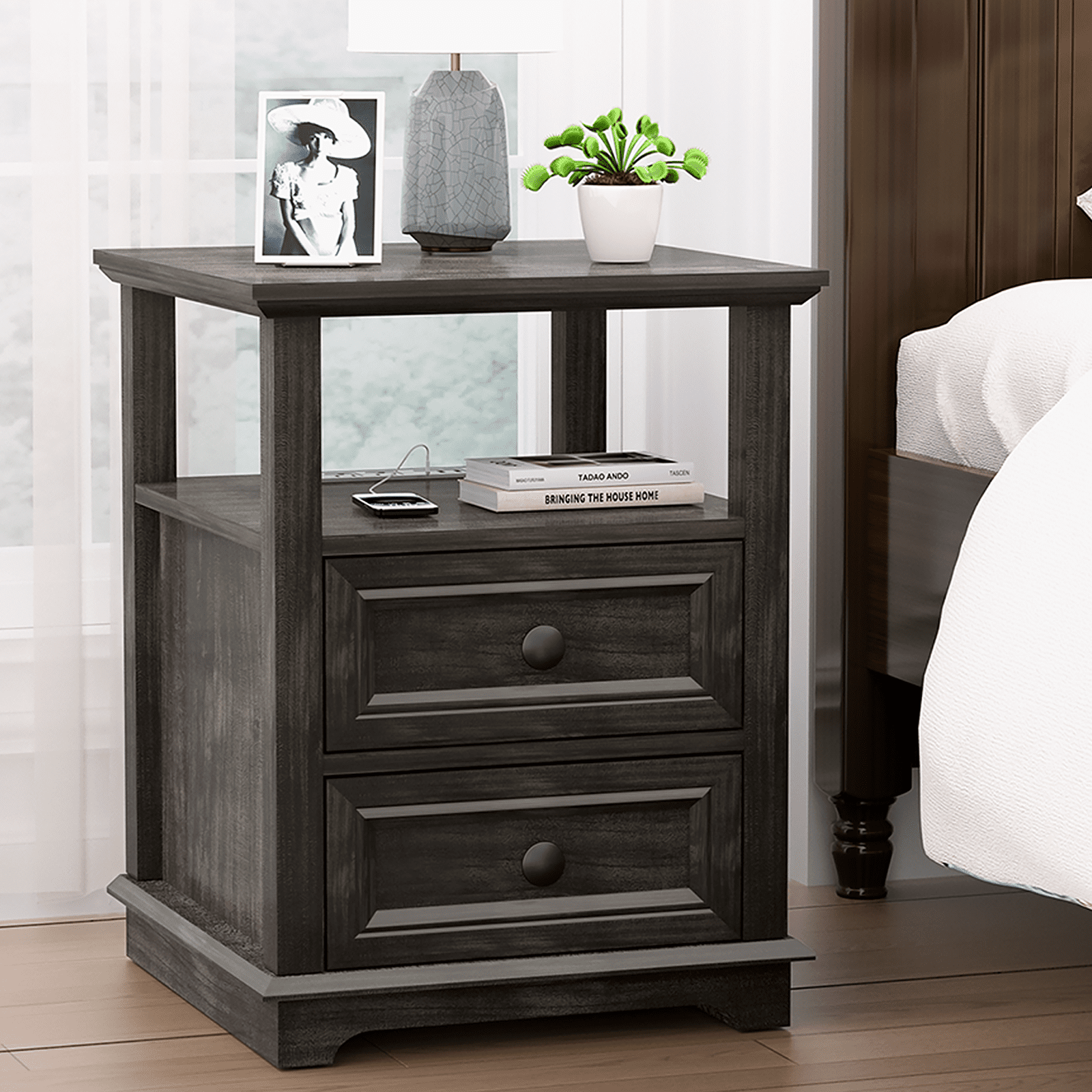 REDAYFUR End Table with Fast USB C Charging Station,24” Tall Sofa Side Table with 2 Drawers, Large Storage Rustic Wood Square Storage Cabinet for Living Room,Bedroom,Office, Black