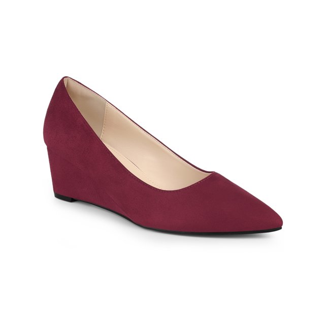 BLISSFUL STEP Women's Pointed Toe Slip on Wedge Heel Pumps Burgundy 9