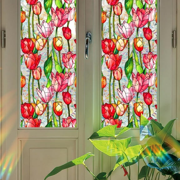 39.4x17 Inch Tulip Privacy Sun Blocking Window Privacy Film Flower Reflective Non-Adhesive Rainbow Reusable Glass Cling UV Resistant Stained Window Glass Decorative 3D Decals