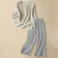 thumbnail image 2 of Women's Linen Embroidered Casual Suit Set Summer Comfortable Wide Leg Pants Short Sleeve Top Outfit, 2 of 2