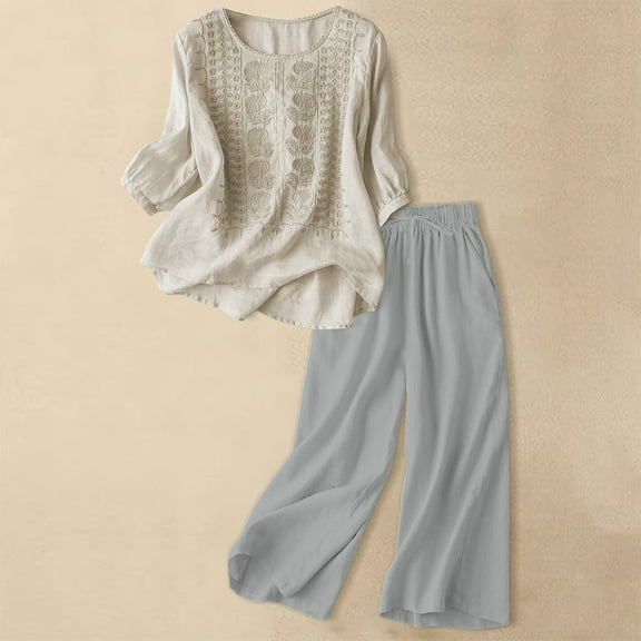 Women'S Trousers Suit Women'S Linen Embroidered Short Sleeve Top And Wide Leg Pants Casual Suit Set Comfortable Summer Outfit Beige XXL