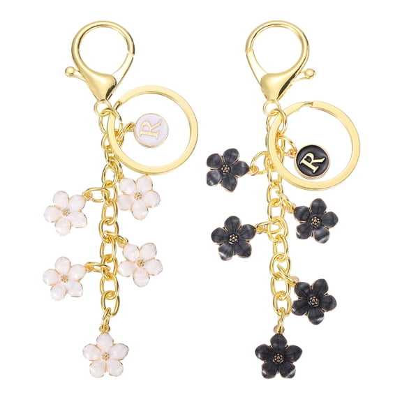 Initial Flower Letter Keychain for Women Cute Alphabet R Enamel Keyring Flower Bag Charm Key Holders for Handbag Backpack Purse Accessories, White/Black