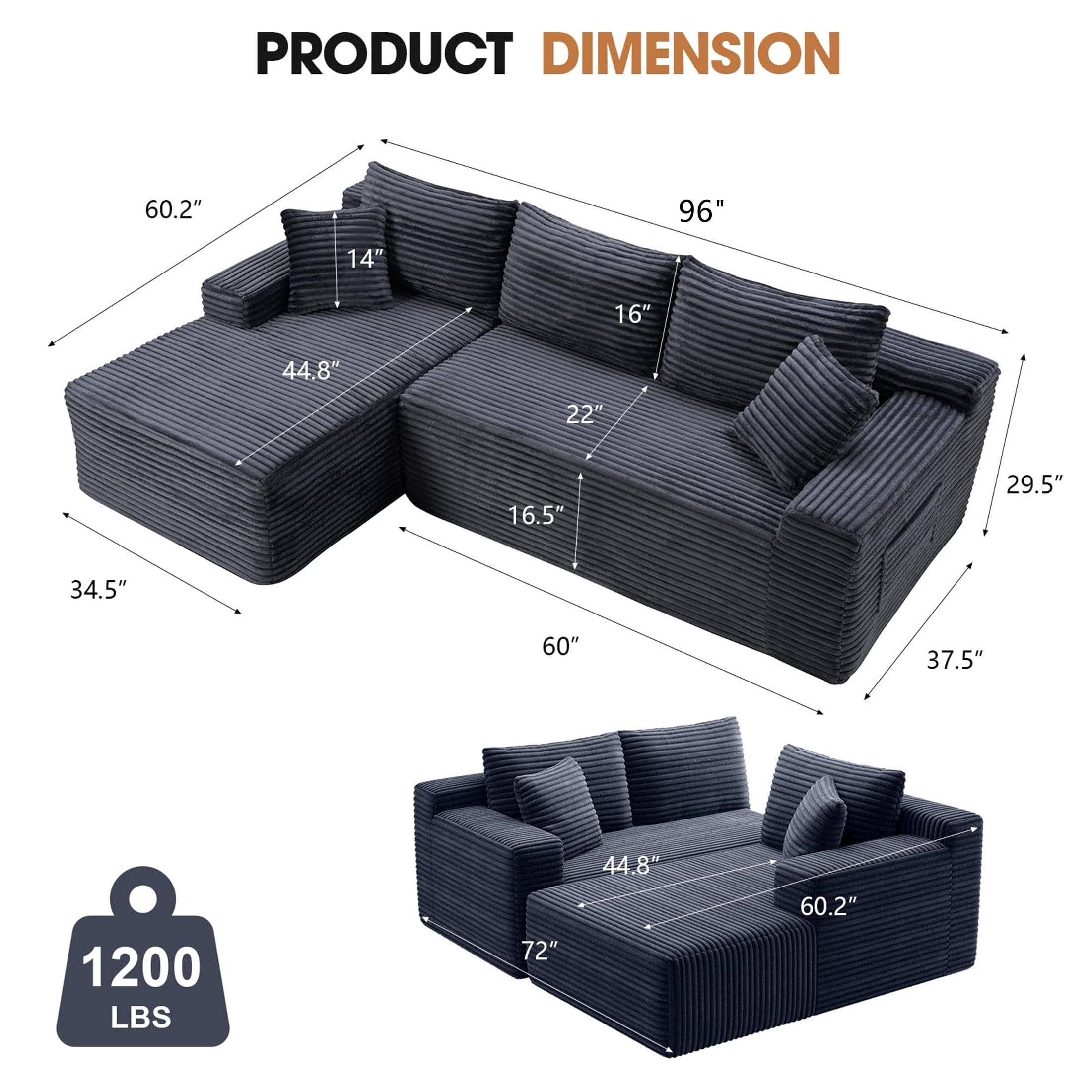 Aukfa 96" Cloud Sectional Sofa Deep Seat Boneless Couch Modular L-Shaped Couch, Left Chaise Corduroy Sofa for Living Room, Dark Gray