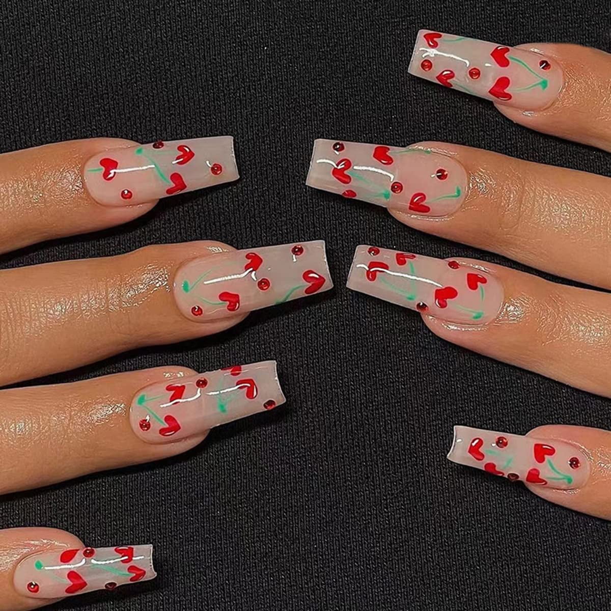 Press on Nails Medium Fake Nails Nude Red Love Heart Rhinestones False Nails with Glue French Press on Nails with Cherry Design Cute Fake Nails Artificial Nails for Women 24Pcs Static Nails - Press on Nails Medium Fake Nails Nude Red Love Heart Rhinestones False Nails with Glue French Press on Nails with Cherry Design Cute Fake Nails Artificial Nails for Women 24Pcs Static Nails -