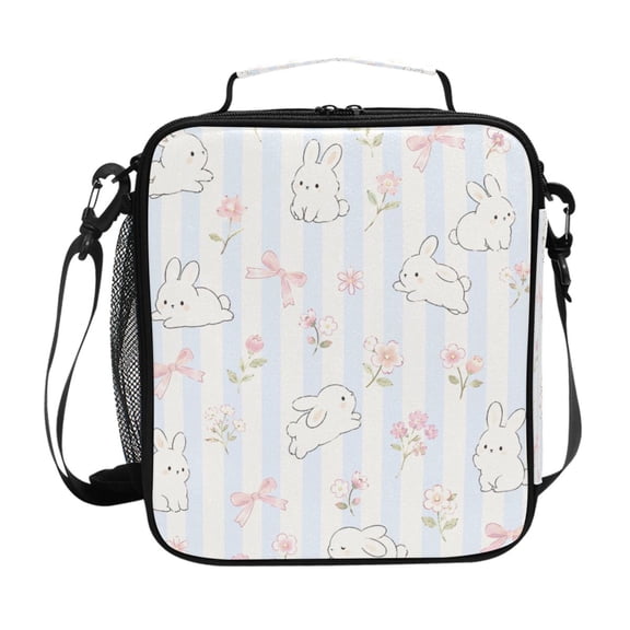Haosy Bunnies Flowers Bow Striped Reusable Lunch Box Men/Women Insulated Lunch Bag for School Picnic Travel