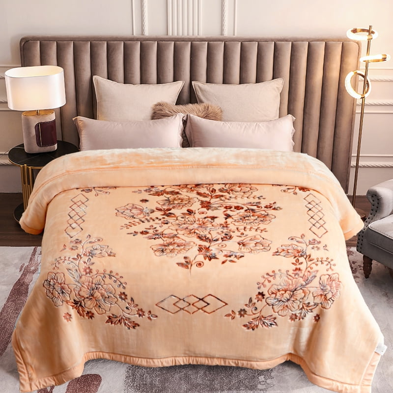 Heavy Thick Fleece Blanket King Size, 10.5lbs,2 Ply A & B Pattern Silky Soft Warm Reversible Raschel Winter Blanket, Minky Soft Plush Blanket for Sofa Bed, 87"x94", Beige Floral