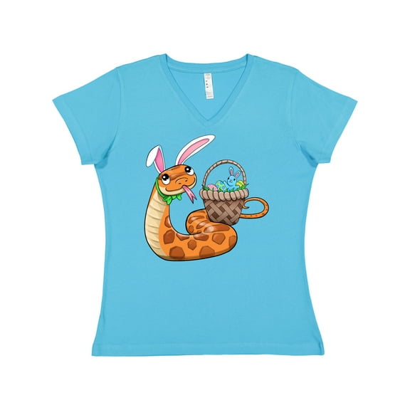 Inktastic Easter Cute Snake with Basket and Bunny Ears Women's V-Neck T-Shirt