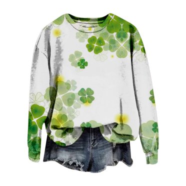 Vente Chaude!! T-Shirt de la Saint-Patrick pour Femmes, Imprimé 3D Amusant, Grande Taille, Manches Longues, Col Rond, T-Shirt Élégant et Tendance 2025, Haut à Manches Longues Imprimé Brillant, Vert Armée, G