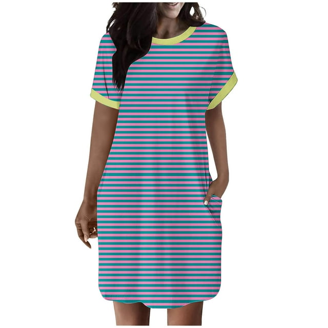 COM1950s Robe d'Été Décontractée pour Femmes, Robe à Manches 3/4 pour Femmes, Robe Décontractée à Rayures Imprimées Col Rond Sans Manches avec Poches, Robe pour Femmes Décontractée d'Été, Robe pour Femmes Décontractée