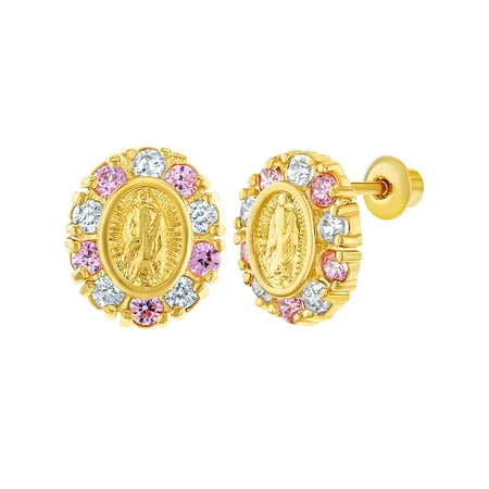 18k Gold Plated Our Lady of Guadalupe CZ Screw Back Baby Kids Earrings
