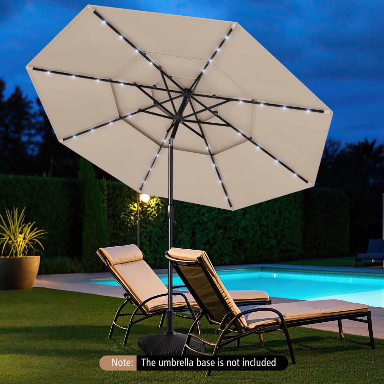 YYAo Outdoor Garden Umbrella,Market Umbrella,10 Feet Solar Patio Umbrella with 32 LED Lights 3-Tier Vented Top-Beige