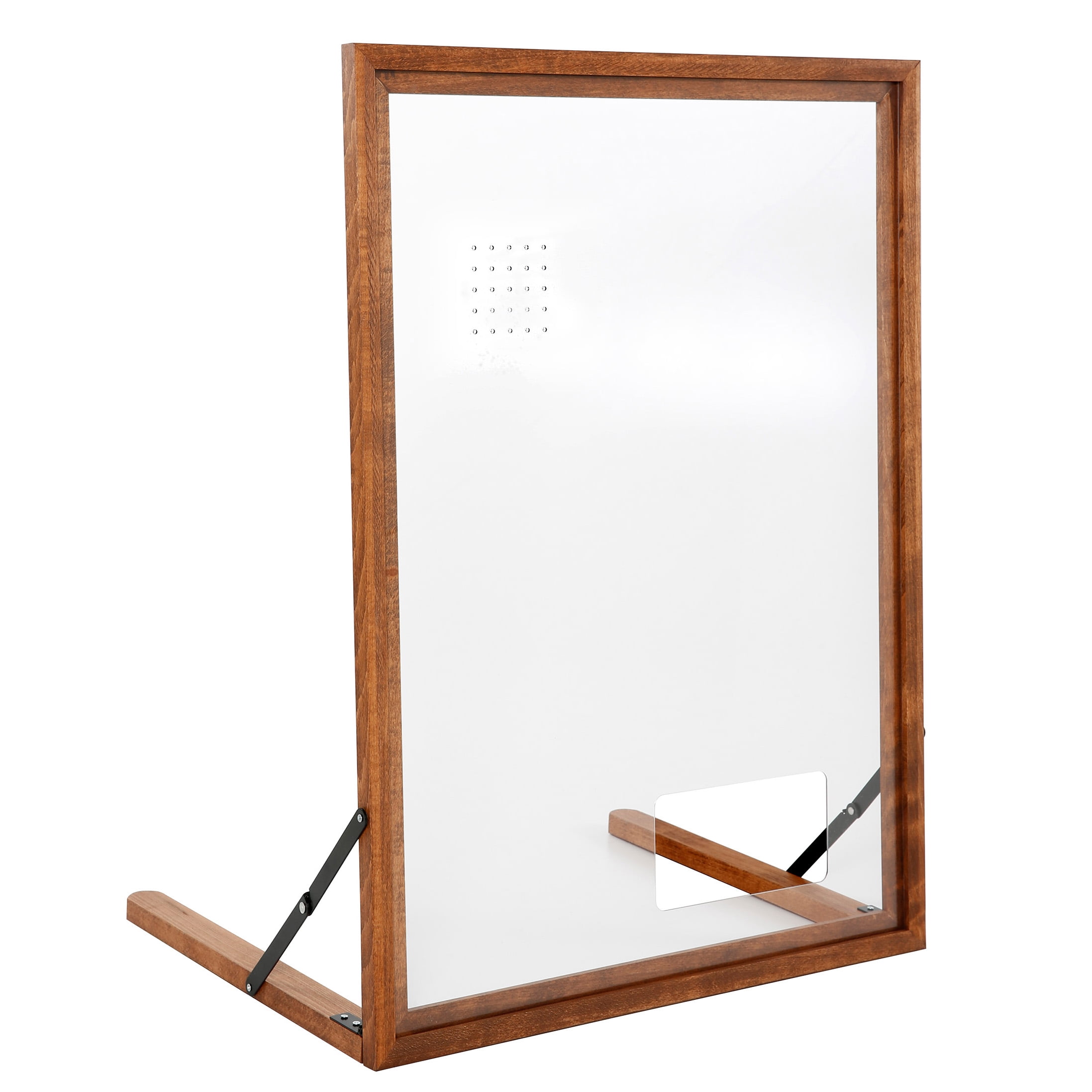 Brown Wood Framed Acrylic Tabletop Sneeze Guard with Pass Through Window